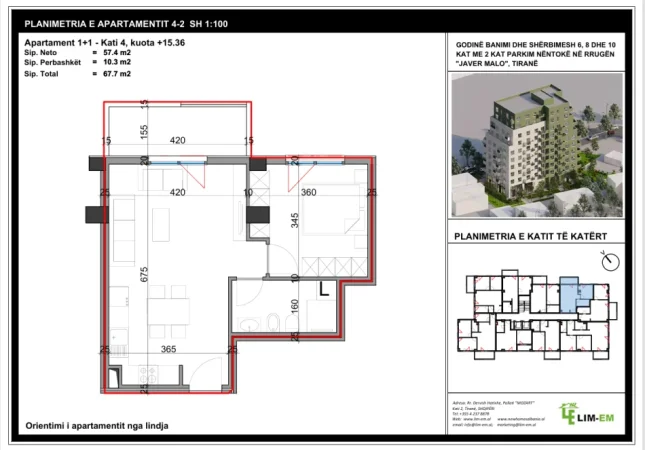 Tirane, shitet apartament 1+1 Kati 4, 68 m² 118.500 € 