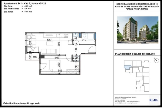 Tirane, shes apartament 1+1+Ballkon Kati 7, 58 m² 87.600 € (Rruga Javer Malo OKAZION)