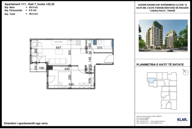 Tirane, shes apartament 1+1+Ballkon Kati 7, 58 m² 87.600 € (Rruga Javer Malo OKAZION)