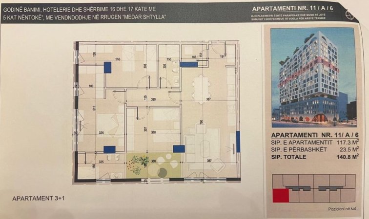 Tirane, shitet apartament 3+1 Kati 12, 140 m² 435.000 € (KOMUNA E PARISIT)