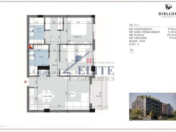 Tirane, shitet apartament 2+1+Ballkon Kati 4, 102 m² 101.550 € (Diellon Residence)