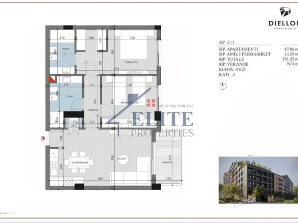 Tirane, shitet apartament 2+1+Ballkon Kati 4, 102 m² 101.550 € (Diellon Residence)