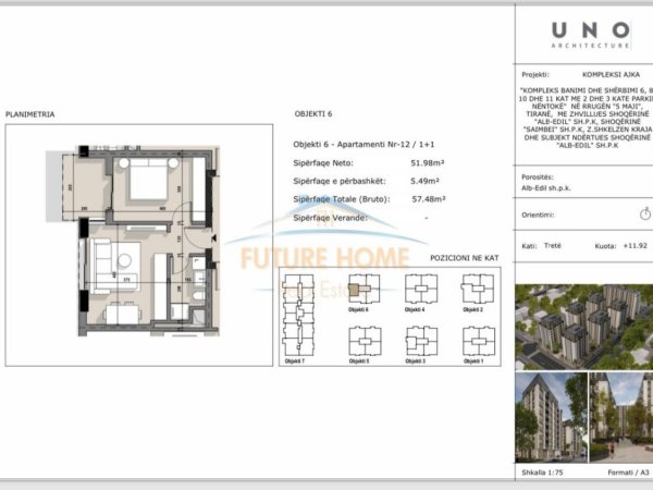 Tirane, shitet apartament 1+1 Kati 3, 57 m² 80.472 € (Kompleksi Ajka , Rruga 5 Maji)
