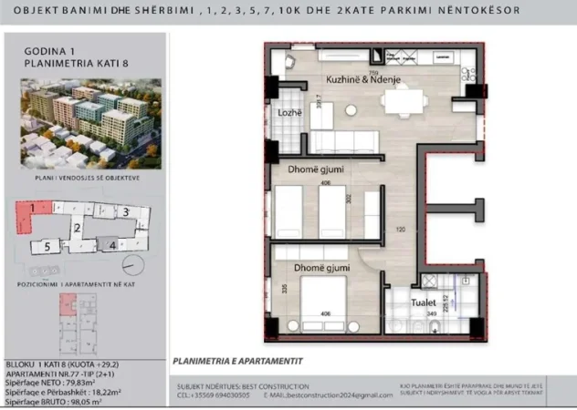 Tirane, shes apartament 2+1+Ballkon Kati 8, 98 m² 132.400 € (rruga e kokonozeve)