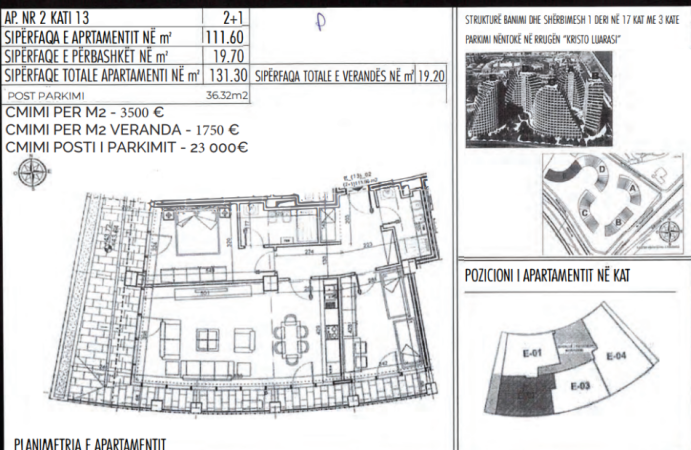 Tirane, shes apartament 2+1+Ballkon Kati 13, 111 m² 516150 € (rruga kristo luarasi)
