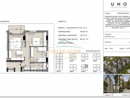 Tirane, shitet apartament 2+1 Kati 3, 89 m² 124.740 € 