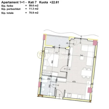 Tirane, shitet apartament 1+1 Kati 7, 71 m² (Kompleksi Aluna)