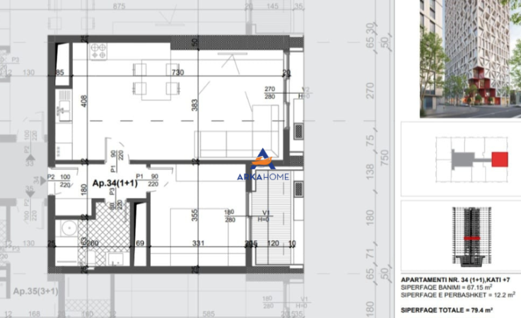 Tirane, shitet apartament 1+1+Ballkon Kati 7, 79 m² 174.680 € (porcelan)