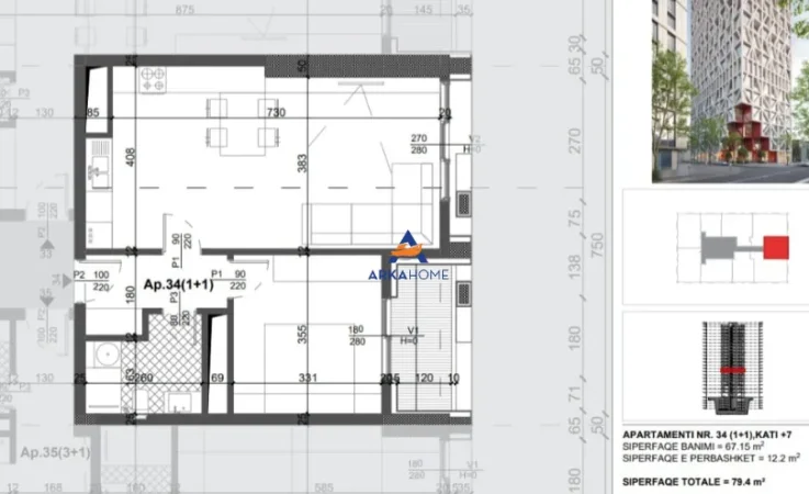 Tirane, shitet apartament 1+1+Ballkon Kati 7, 79 m² 174.680 € (porcelan)