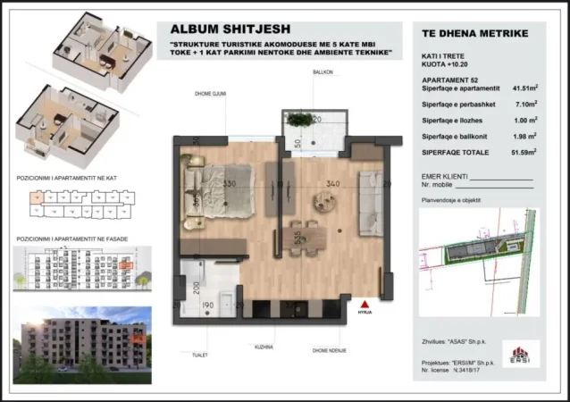 Golem, shitet apartament 1+1 Kati 3, 52 m² (Rruga Kryemdhej-Golem)
