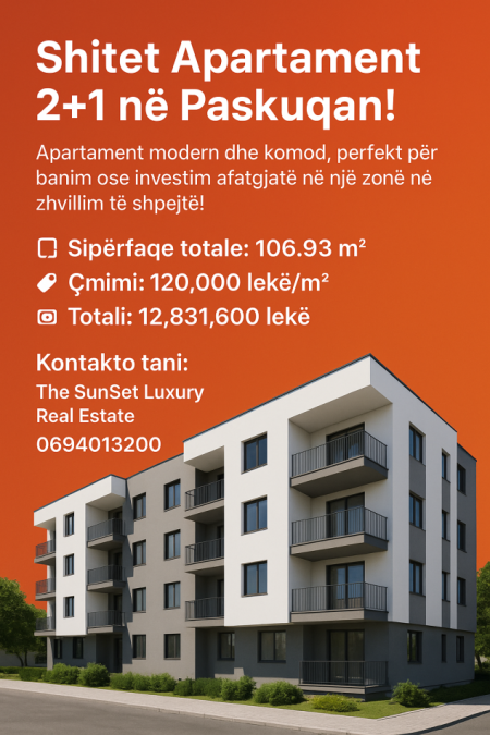Tirane, shitet apartament 2+1+Ballkon Kati 5, 100 m² 128.316 € (Paskuqan)