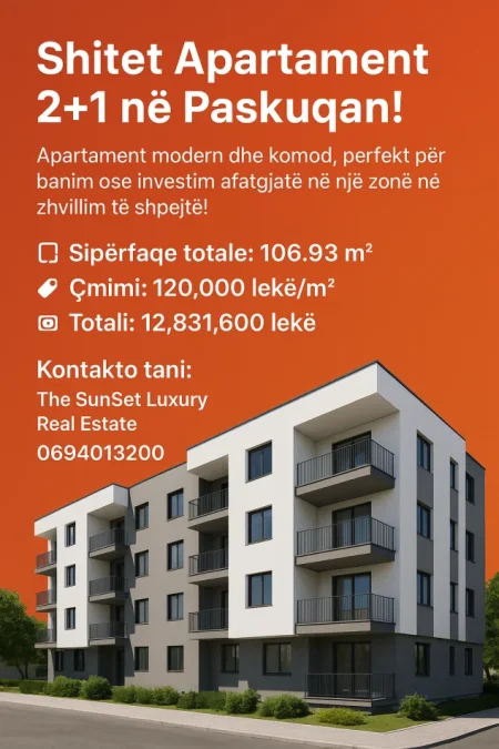 Tirane, shitet apartament 2+1+Ballkon Kati 5, 100 m² 128.316 € (Paskuqan)