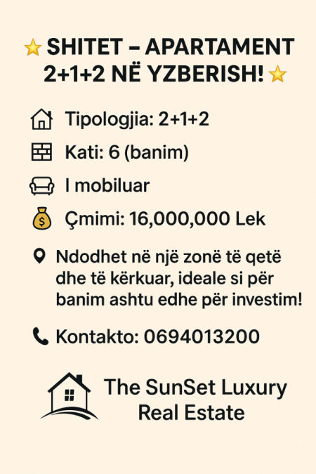 Tirane, shitet apartament 2+1 Kati 6, 107 m² 160.000 € (Yzberish KMY)