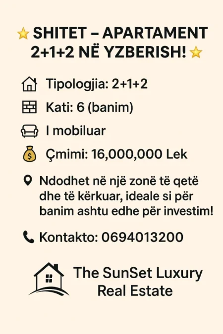 Tirane, shitet apartament 2+1 Kati 6, 107 m² 160.000 € (Yzberish KMY)