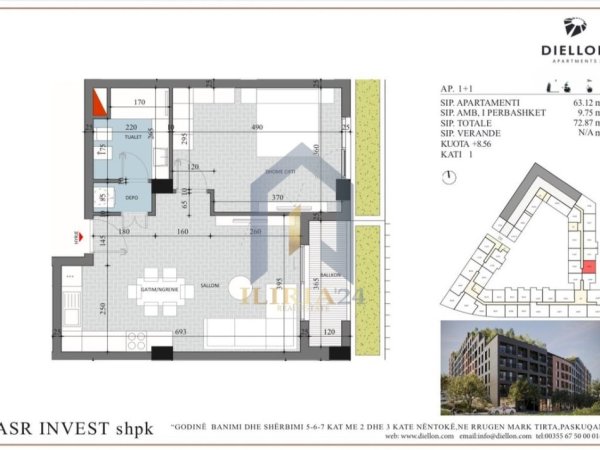 Tirane, shitet apartament 1+1+Ballkon Kati 1, 73 m² 69.226 € (Paskuqan Diellon Residence)