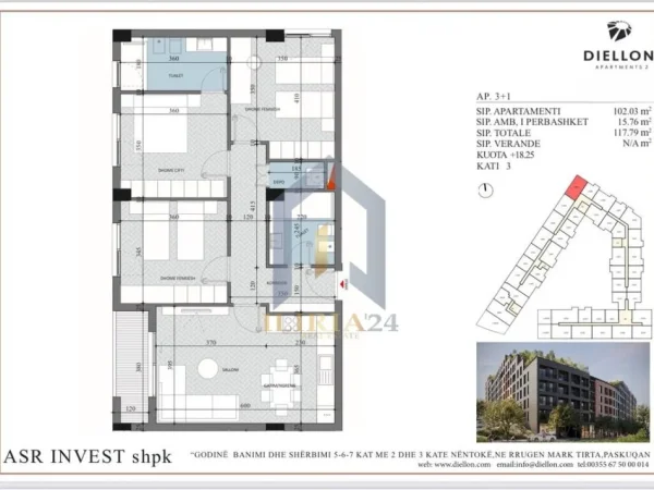 Tirane, shitet apartament 3+1+Ballkon Kati 3, 118 m² 111.900 € (pASKUQAN Diellon Residence)