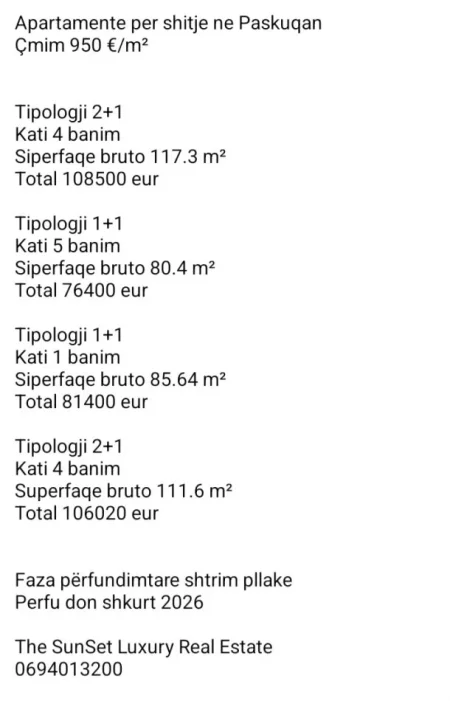 Tirane, shitet apartament 1+1+Ballkon Kati 1, 85 m² 81.400 € (Paskuqan)