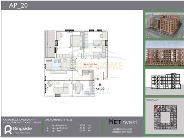 Tirane, shitet apartament 2+1 Kati 4, 107 m² 112.423 € (RingSide Residence, Paskuqan)