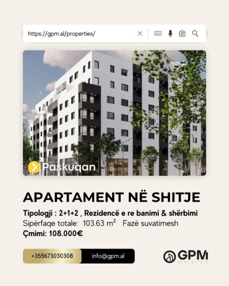 Tirane, shitet apartament 2+1 , 103.63 m² 108.000 €