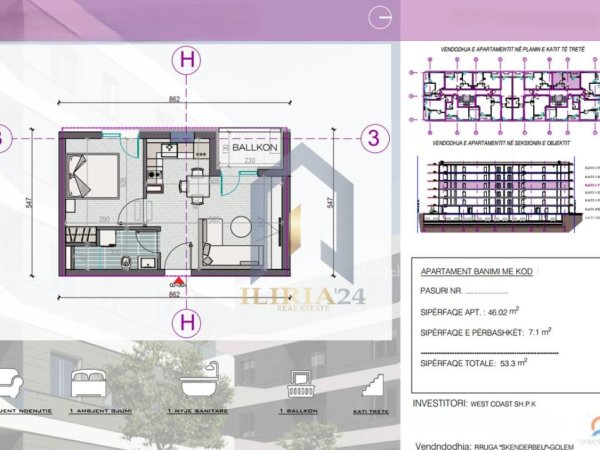 Durres, shitet apartament 1+1+Ballkon Kati 3, 53 m² 63.960 € (Golem Durres West Coast Residence)