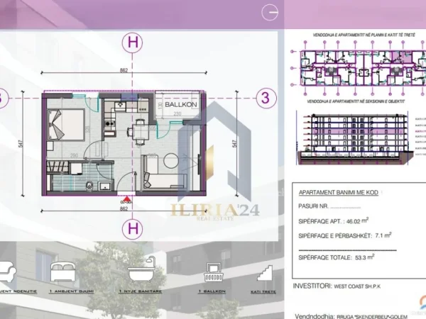 Durres, shitet apartament 1+1+Ballkon Kati 3, 53 m² 63.960 € (Golem Durres West Coast Residence)