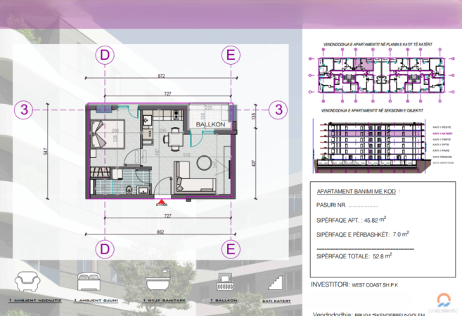Durres, shitet apartament 1+1+Ballkon Kati 6, 53 m² 63.360 € (Golem Durres)