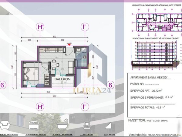 Durres, shitet apartament 1+1+Ballkon Kati 3, 46 m² 54.960 € (Durres West Coast)