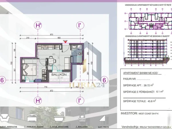 Durres, shitet apartament 1+1+Ballkon Kati 3, 46 m² 54.960 € (Durres West Coast)