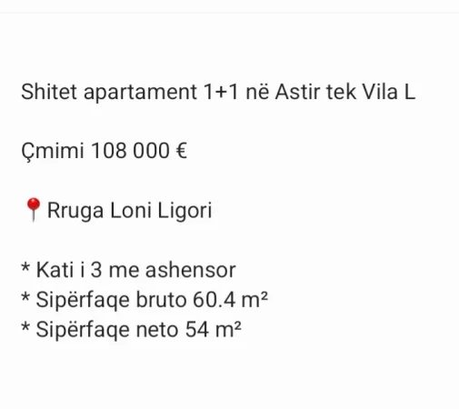 Tirane, shitet apartament 1+1 Kati 3, 60 m² 108.000 € (Vlia L Astir)