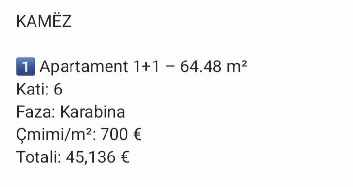 Tirane, shitet apartament 1+1 Kati 6, 65 m² 45.136 € (Kamez)