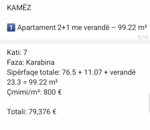Tirane, shitet apartament 1+1+Aneks+Ballkon Kati 7, 100 m² 79.375 € (Kamez)