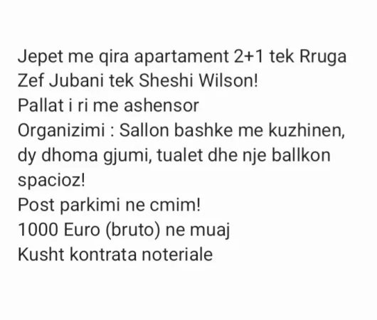 Tirane, jepet me qera apartament 2+1 Kati 4, 81 m² 1.000 € (Sheshi willson)