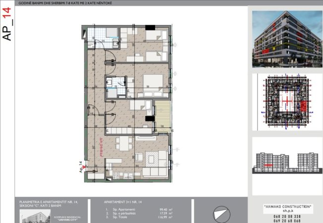 Tirane, shes apartament 3+1+Ballkon Kati 2, 117 m² 129.000 € (Univers City)