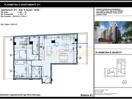 Tirane, shitet apartament 2+1 Kati 9, 140 m² 161.000 Euro (Kompleksi Lin -Em)