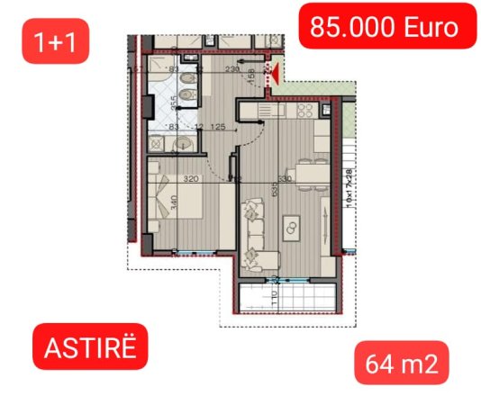 Tirane, shes apartament 1+1 Kati 10, 64 m² 85.000 € (Rruga Teodor keko)