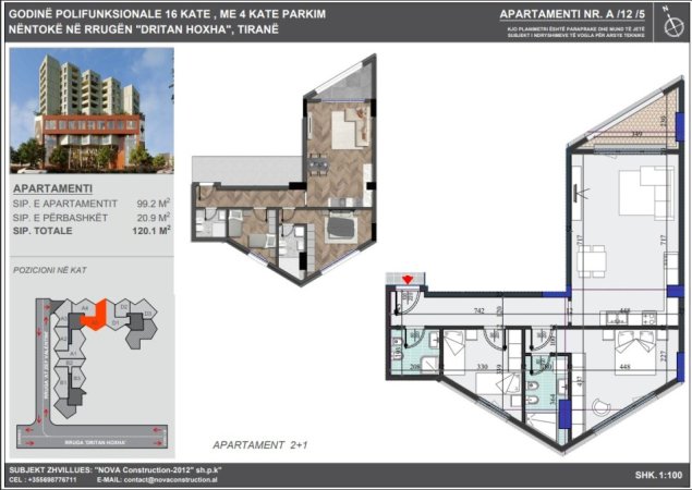 Tirane, shitet apartament 2+1+Ballkon Kati 12, 120 m² 210.755 €