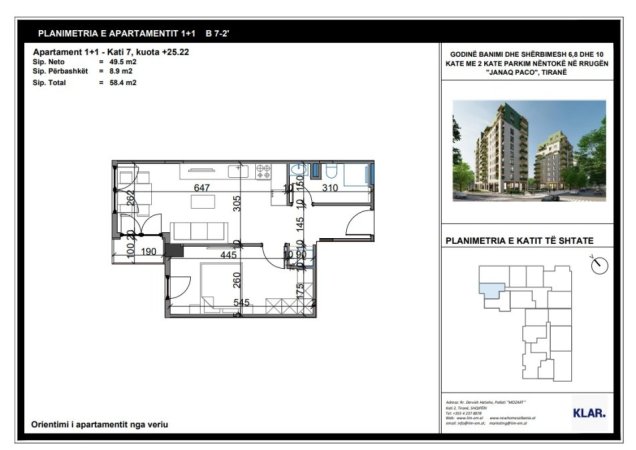 Tirane, shitet apartament 1+1 Kati 7, 58 m² 99.280 € (Rr. Javer Malo)