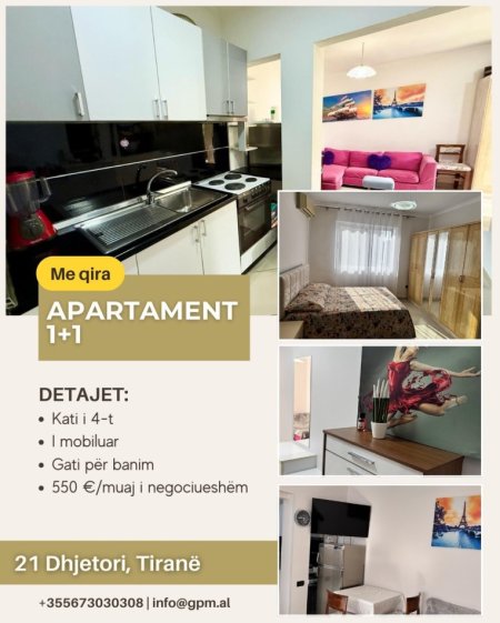 Tirane, jepet me qera apartament 1+1 , 550 € tek 21 Dhjetori