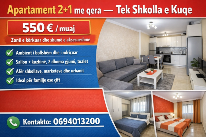 Tirane, jepet me qera apartament 2+1+Ballkon Kati 4, 70 m² 550 € (Shkolla e Kuqe)