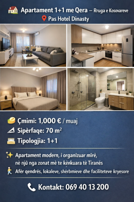 Tirane, jepet me qera apartament 1+1+Ballkon Kati 7, 70 m² 1.000 € (Rruga e Kosovareve)