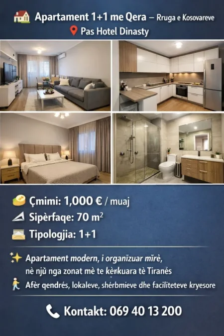 Tirane, jepet me qera apartament 1+1+Ballkon Kati 7, 70 m² 1.000 € (Rruga e Kosovareve)