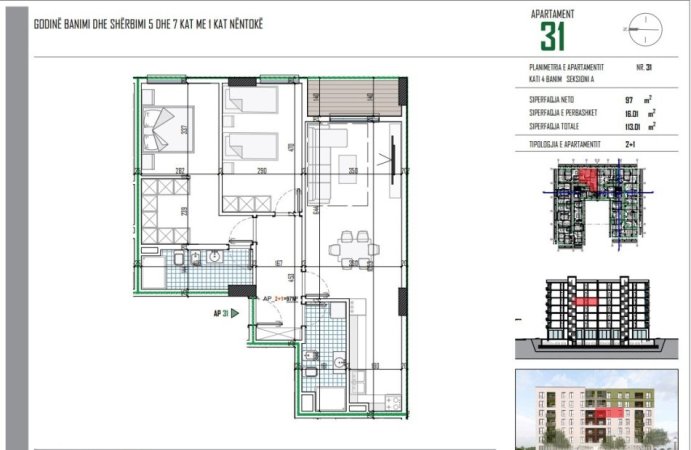 Tirane, shitet apartament 2+1 Kati 4, 112 m² 128.831 € (Rr. Johan Georg)
