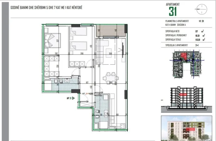 Tirane, shitet apartament 2+1 Kati 4, 112 m² 128.831 € (Rr. Johan Georg)
