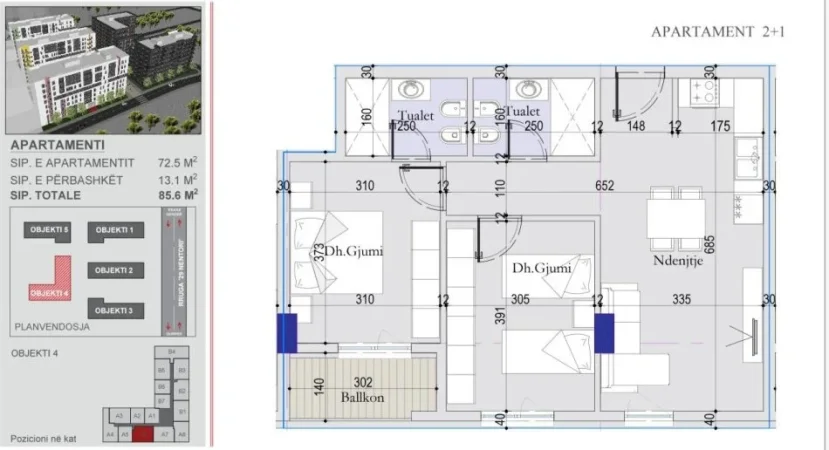 Tirane, shitet apartament 2+1+Ballkon Kati 3, 86 m² 119840 €