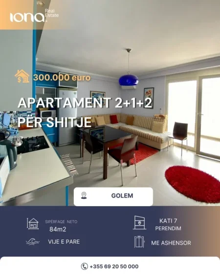 Golem, shitet apartament 2+1+2+Ballkon, Vija e pare bregdetare, Kati 7, 84 m² 300.000 €