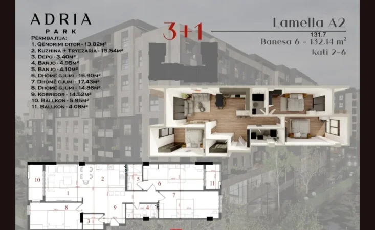 Prizren, shitet apartament 3+1+Ballkon Kati 6, 131 m² (Kompleksin Adria Park)