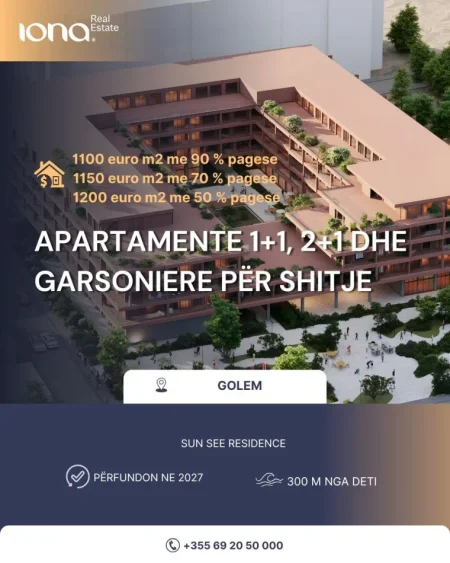 Golem, shitet apartament 1+1 , (Sun See Residence), 1,100 €/m² , 300 metra nga deti