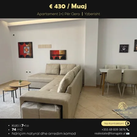 Tirane, jepet me qera apartament 1+1+Ballkon Kati 7, 74 m² 430 € 