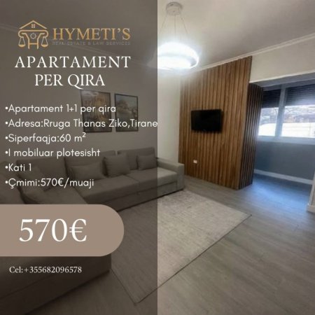 Tirane, jepet me qera apartament 1+1 Kati 1, 60 m² 570 € (Dhanas Ziko)