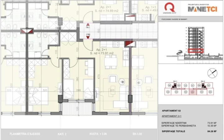 Tirane, shitet apartament 2+1 Kati 2, 84 m² 125.000 € 